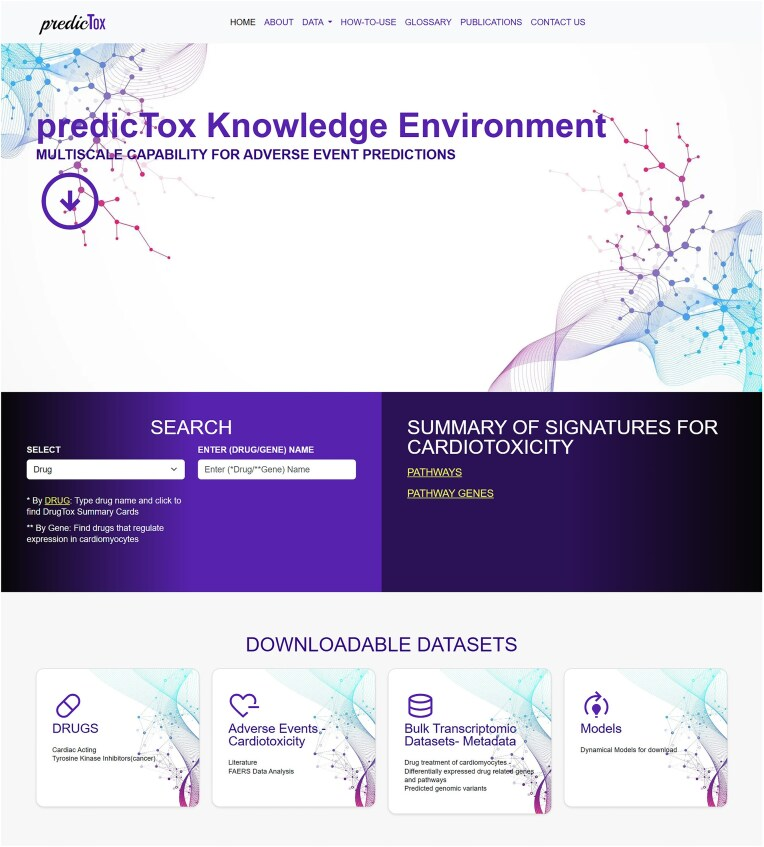 predicTox 数据库首页,提供药物与基因检索,以及表达数据、通路和模型入口。