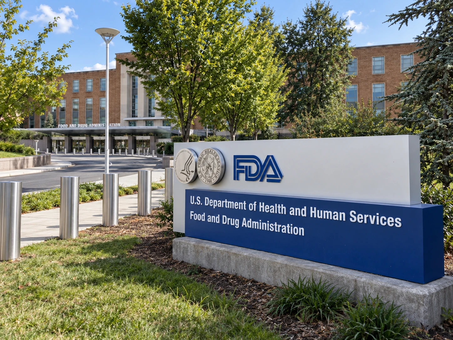 FDA 入口标识、园区建筑与树木