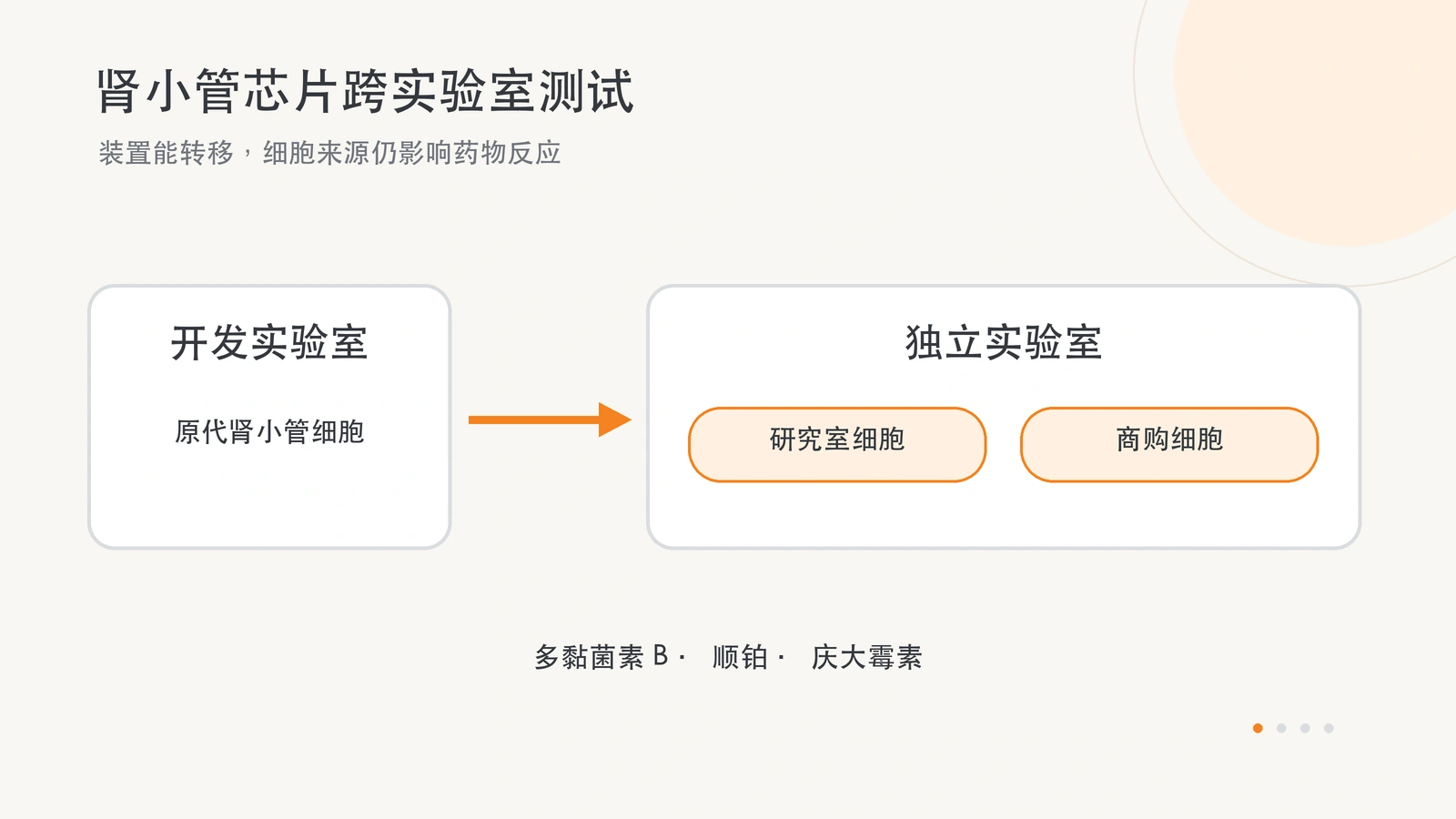 原创横版示意图:肾小管芯片从开发实验室转至独立实验室,比较研究室与商购细胞,并列出三种药物。