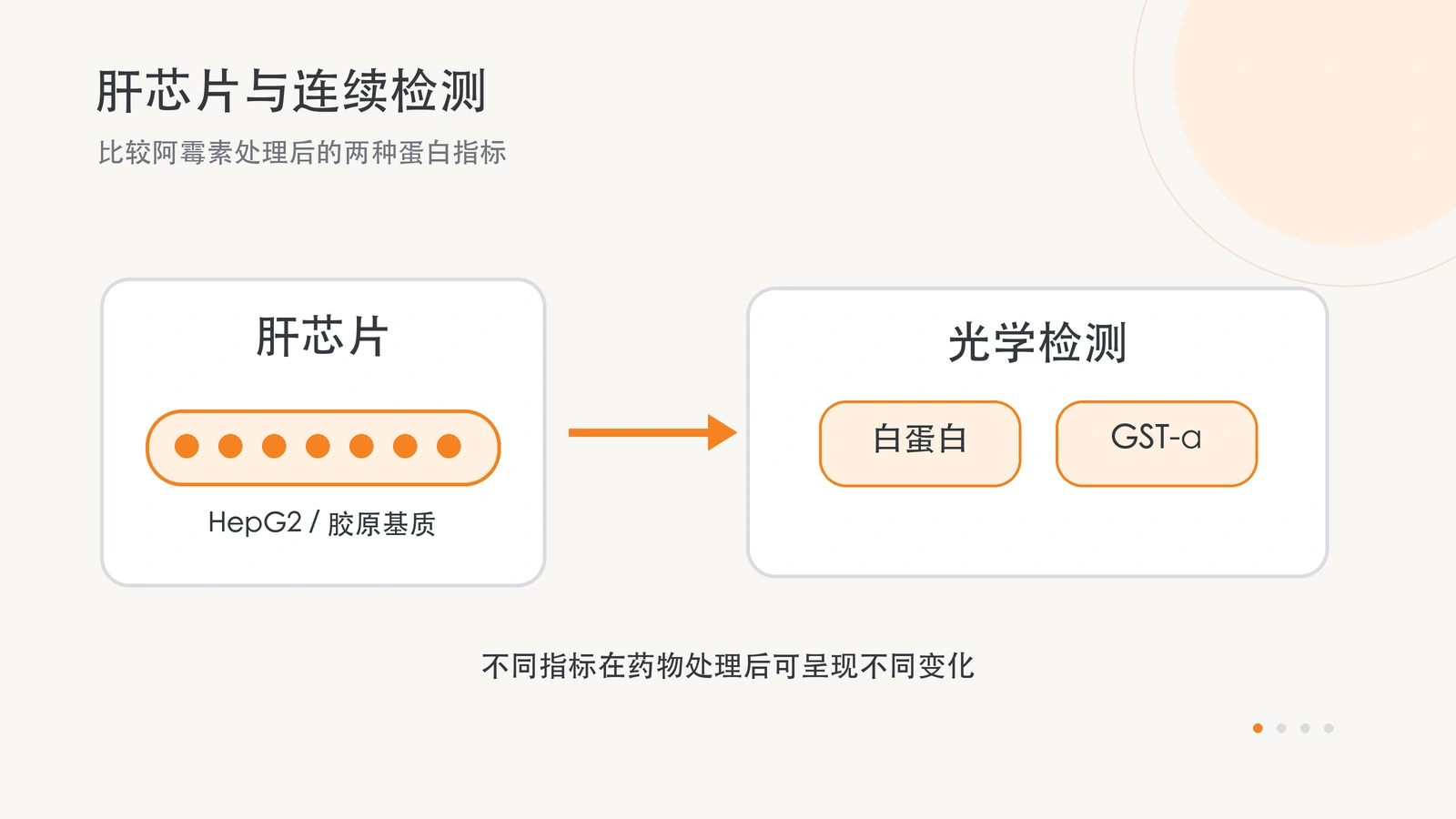 原创横版概念图：HepG2 细胞培养芯片的流出液连接光学检测区，两种指标分别为白蛋白和 GST-α。