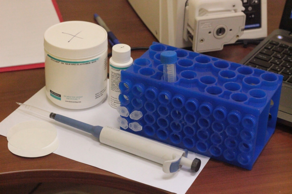 微流控芯片制作中用于准备 PDMS 的材料和实验器具。