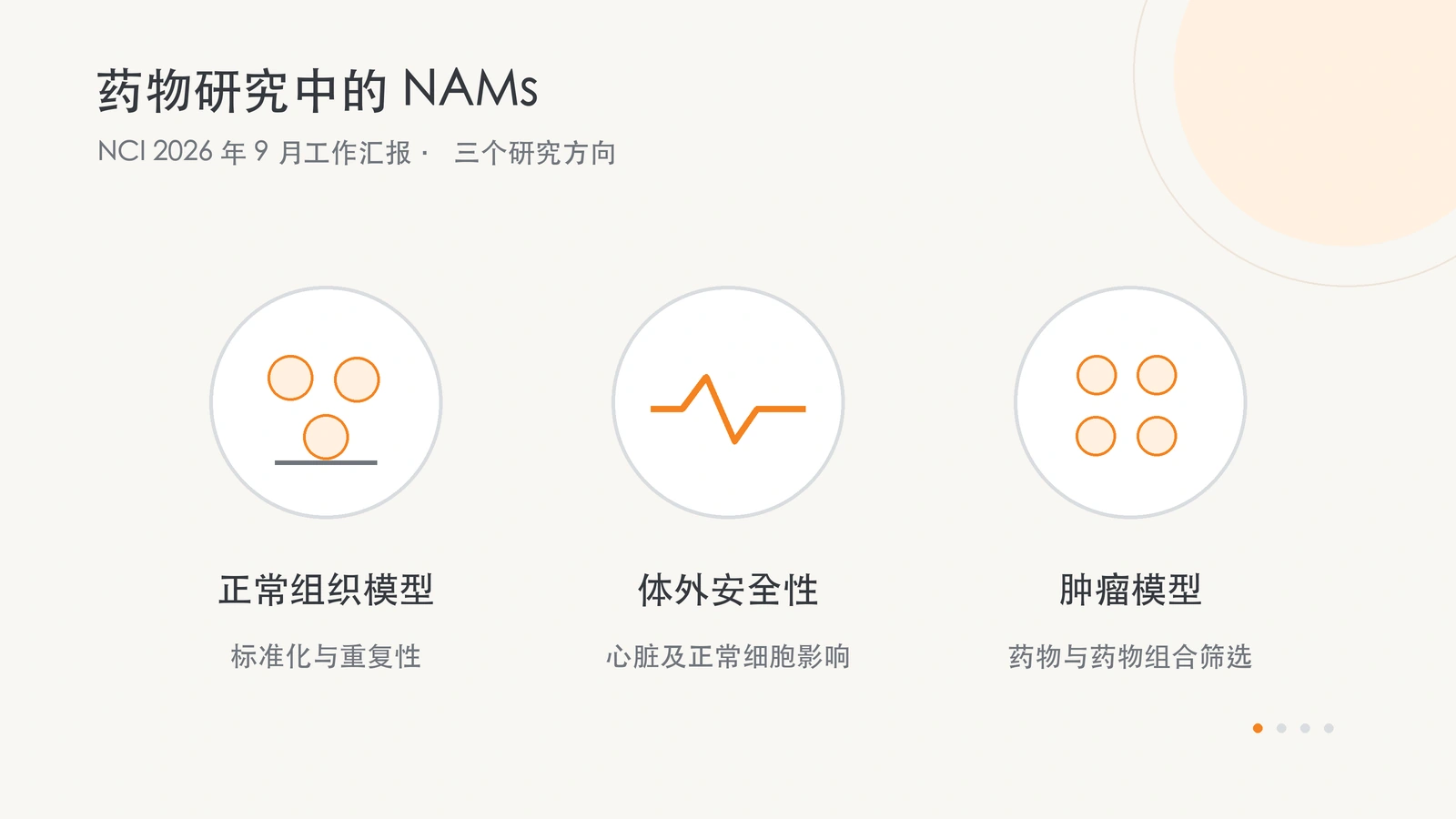 三个并列研究方向：正常组织模型、体外安全性和肿瘤模型。