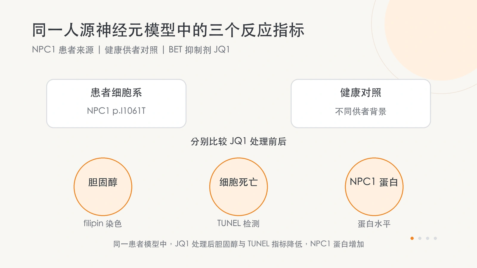 单一 NPC1 患者模型与健康供者神经元的比较中，研究分别测量 JQ1 处理后的胆固醇染色、TUNEL 阳性比例和 NPC1 蛋白水平。