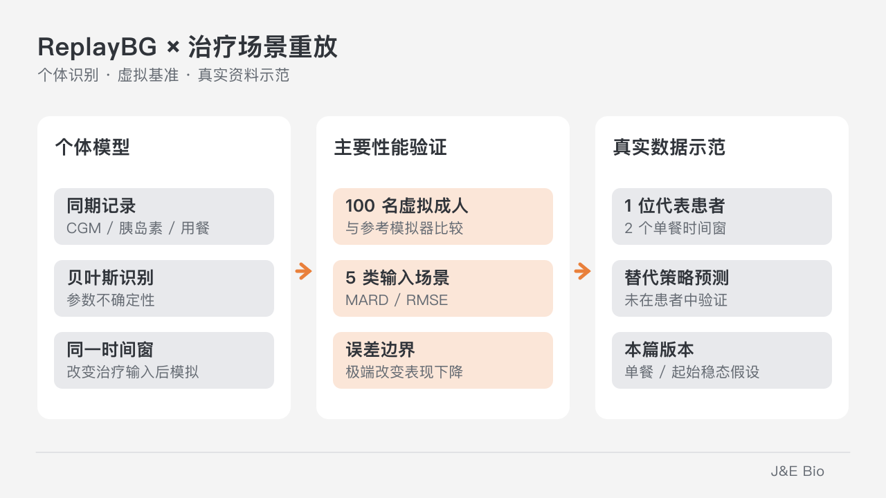 ReplayBG 先由同期用餐、胰岛素和连续血糖记录识别个体模型,再重放其他输入;虚拟基准与真实单餐示范分开评价。原创概念示意,非患者曲线或原始数据。